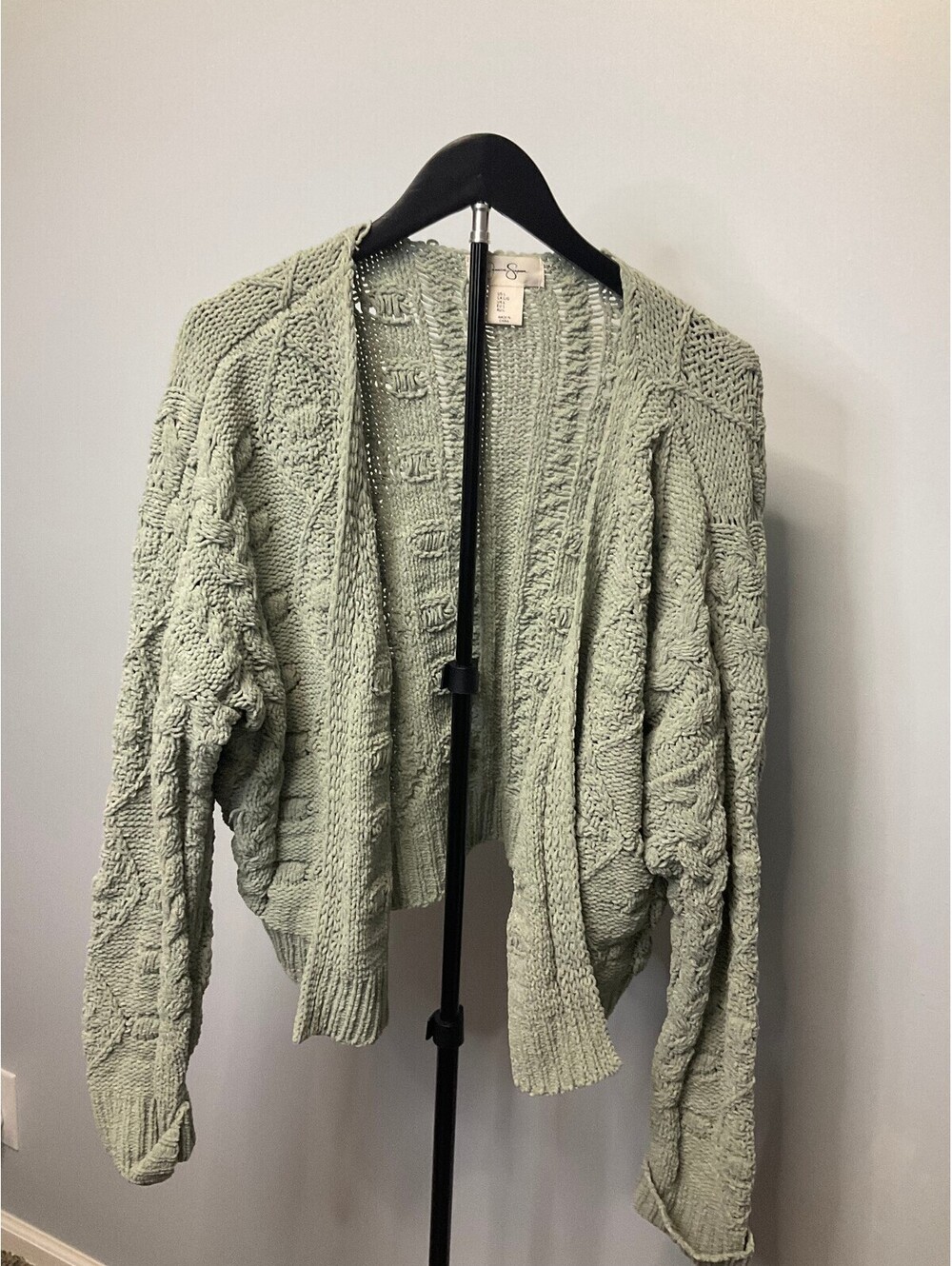 Jessica Simpson Cable Knit Cardigan Women's Large Sage Green Open Front Sweater
